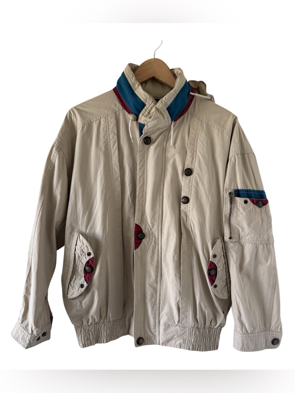 Gant Vintage Beige Sailing Windbreaker with Blue and Burgundy Trim - L